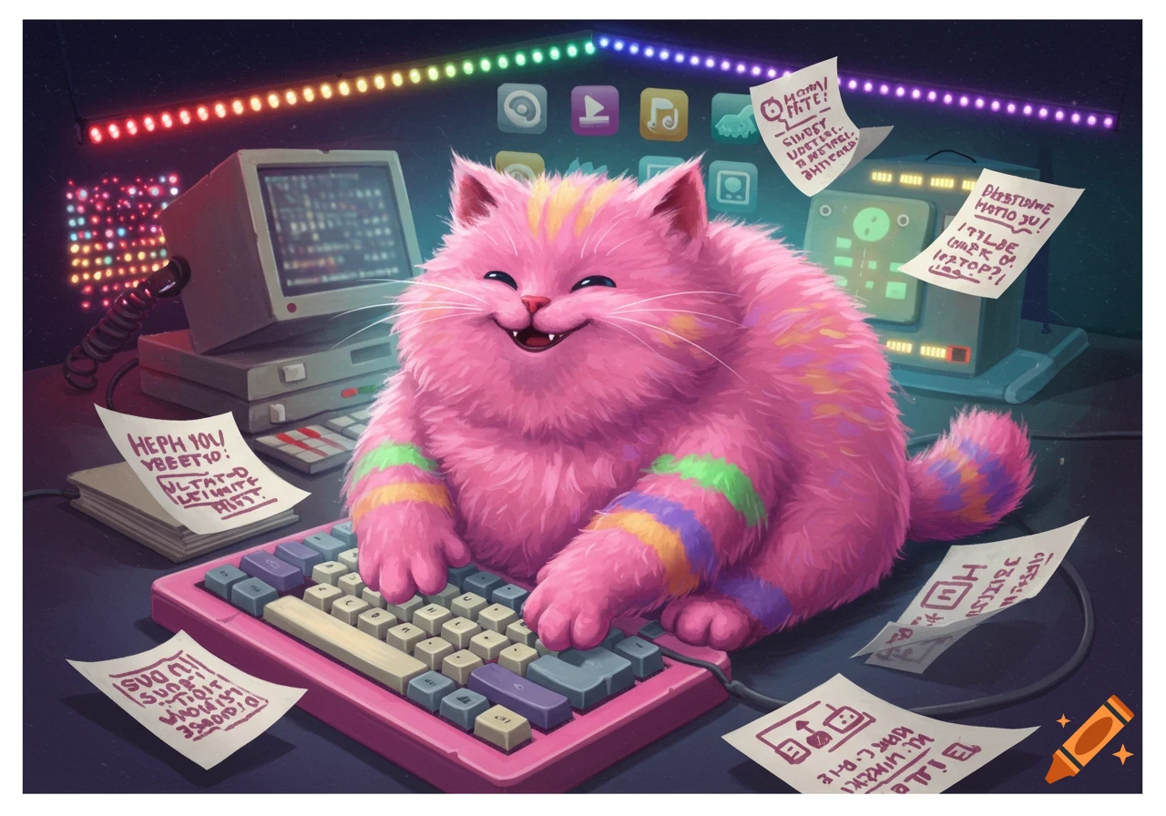 A fluffy pink cat with striped arms and tail sits at a retro computer keyboard, surrounded by glowing lights and handwritten notes. The cat is smiling, with a vibrant, colorful aesthetic.