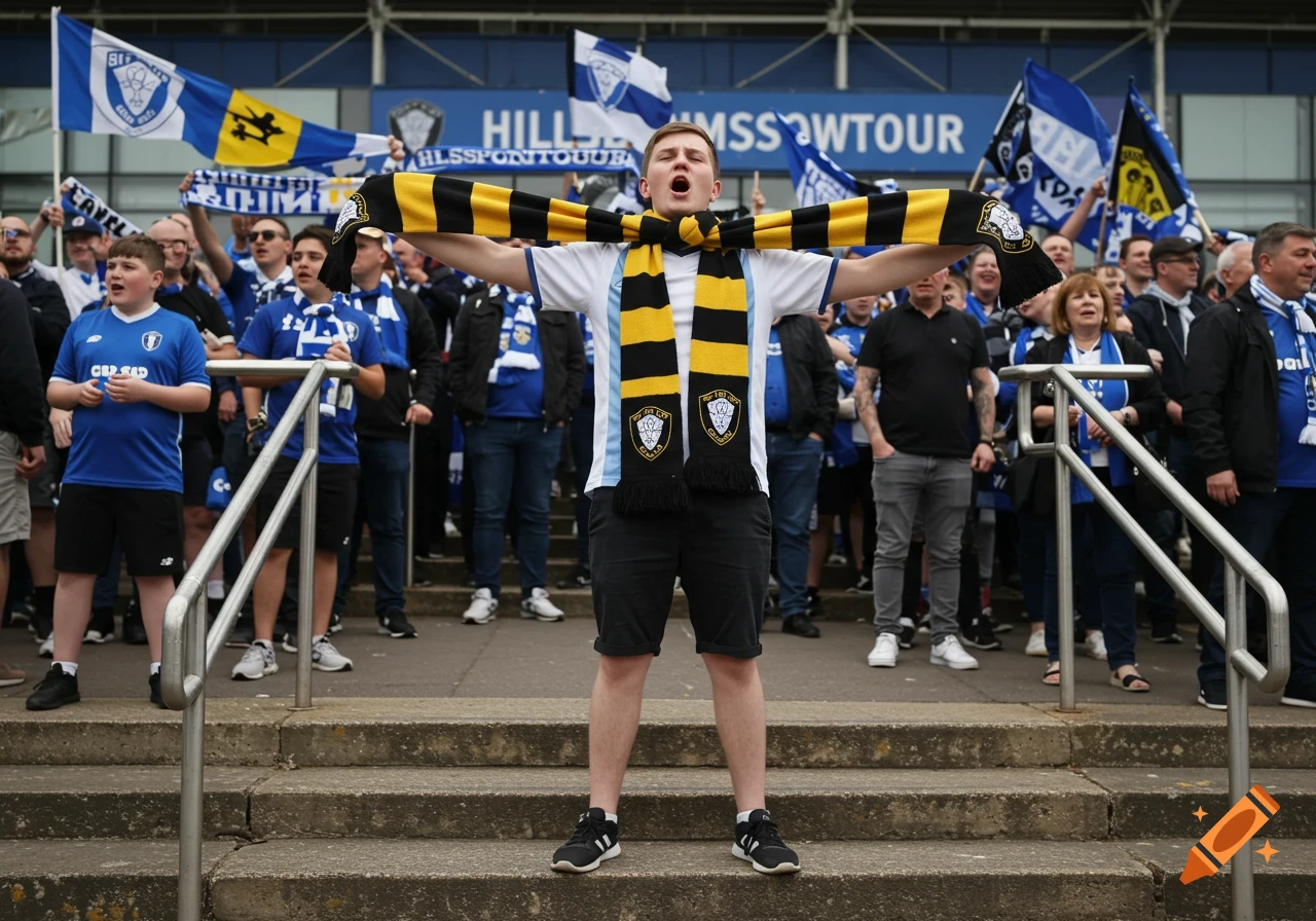 A passionate football supporter stands on steps with arms outstretched, shouting, surrounded by a blurred crowd holding flags and banners. Photorealistic.