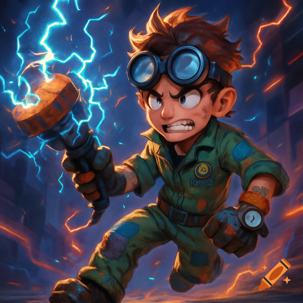 Cartoon boy in green jumpsuit and goggles, holding a crackling energy tool with blue lightning, with an anxious expression.