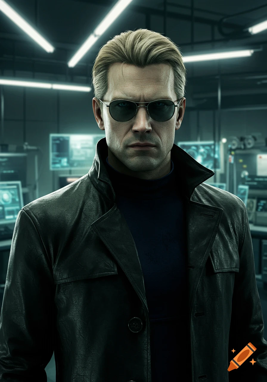 A photorealistic portrait of Albert Wesker, a stern man with blond hair and sunglasses, wearing a black leather trench coat over a turtleneck, in a dimly lit high-tech lab.