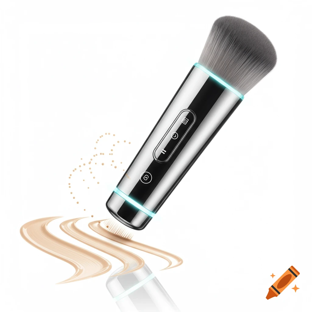 A sleek, metallic digital makeup brush with glowing blue lights applies liquid foundation and powder dots on a white background.