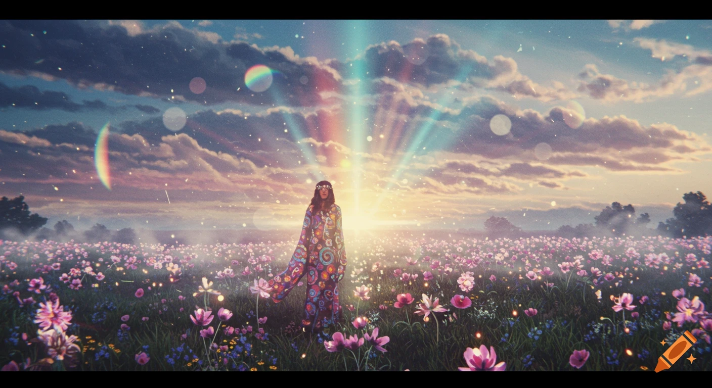 A person in a colorful patterned dress stands in a vibrant field of pink flowers at sunset, with psychedelic rainbow light beams and glowing particles.