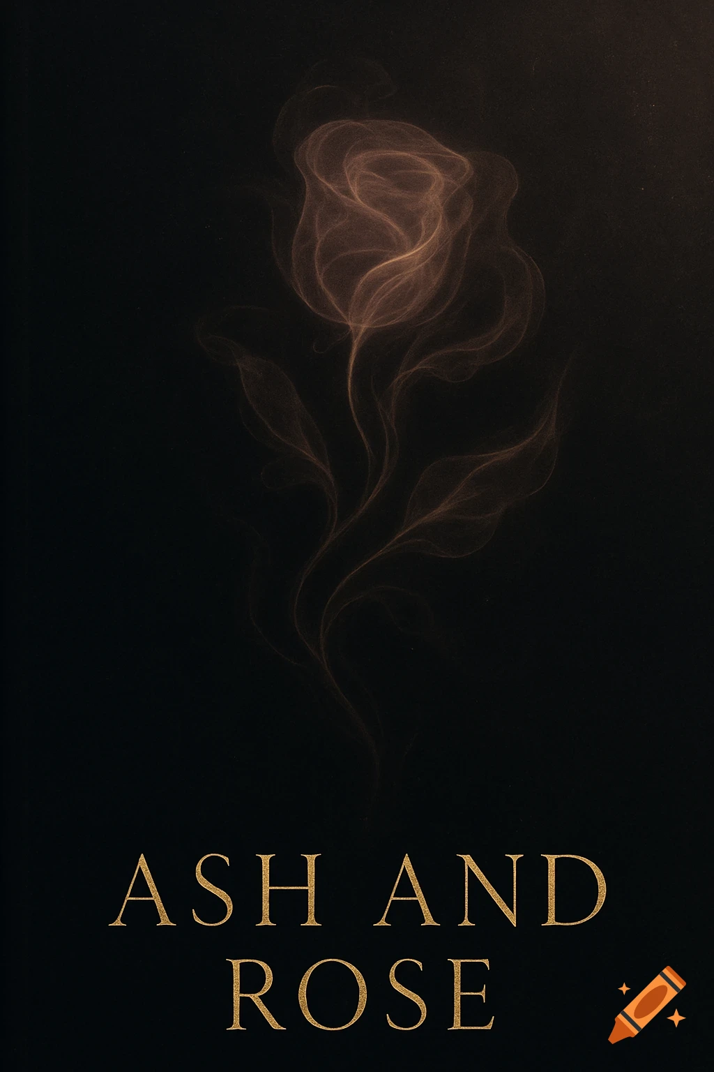 Minimalist fantasy book cover with swirling golden smoke forming a faint rose on a dark background, with 'ASH AND ROSE' in gold text.