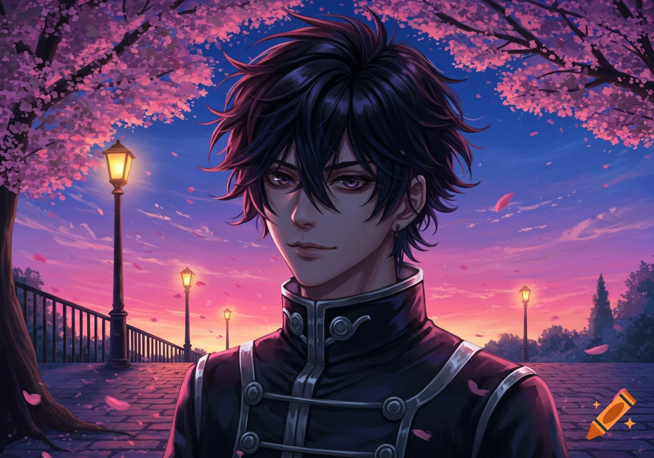Anime boy with black hair and purple eyes, wearing a black uniform, stands under cherry blossoms at sunset with lampposts.