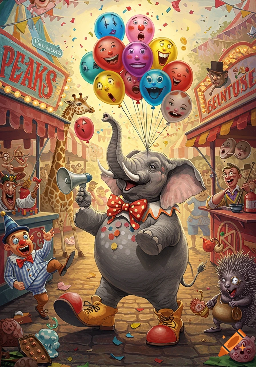 A whimsical, colorful cartoon illustration of a circus scene with an elephant in a clown costume holding a megaphone and balloons with exaggerated faces, surrounded by other quirky carnival characters and stalls.