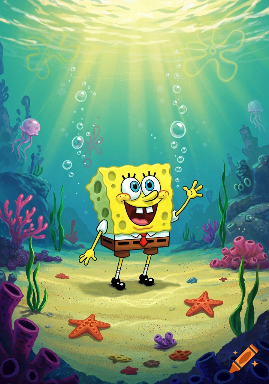 SpongeBob SquarePants underwater, smiling and waving amidst coral, starfish, jellyfish, and light rays, cartoon style.