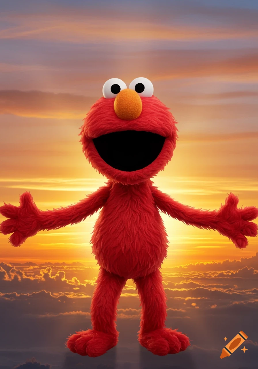 Elmo with arms outstretched, mouth wide open, against a vibrant orange and purple sunset sky above clouds.