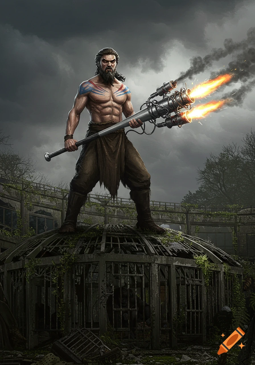 Muscular warrior with face paint, holding a jet-powered weapon, stands on a ruined zoo building. Fantasy art.