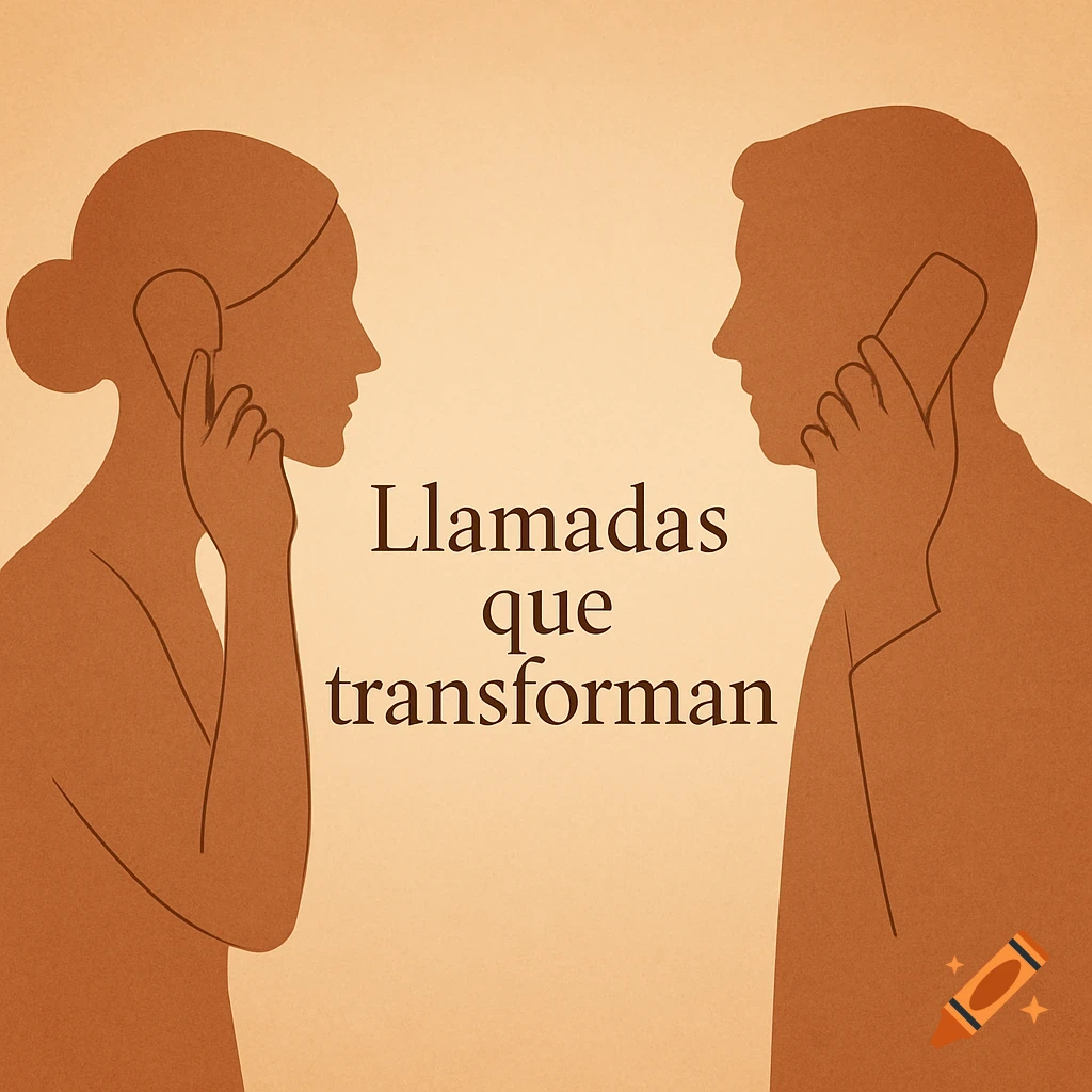Minimalist illustration of a male and female silhouette talking on phones, separated by the Spanish text 'Llamadas que transforman' on a warm background.