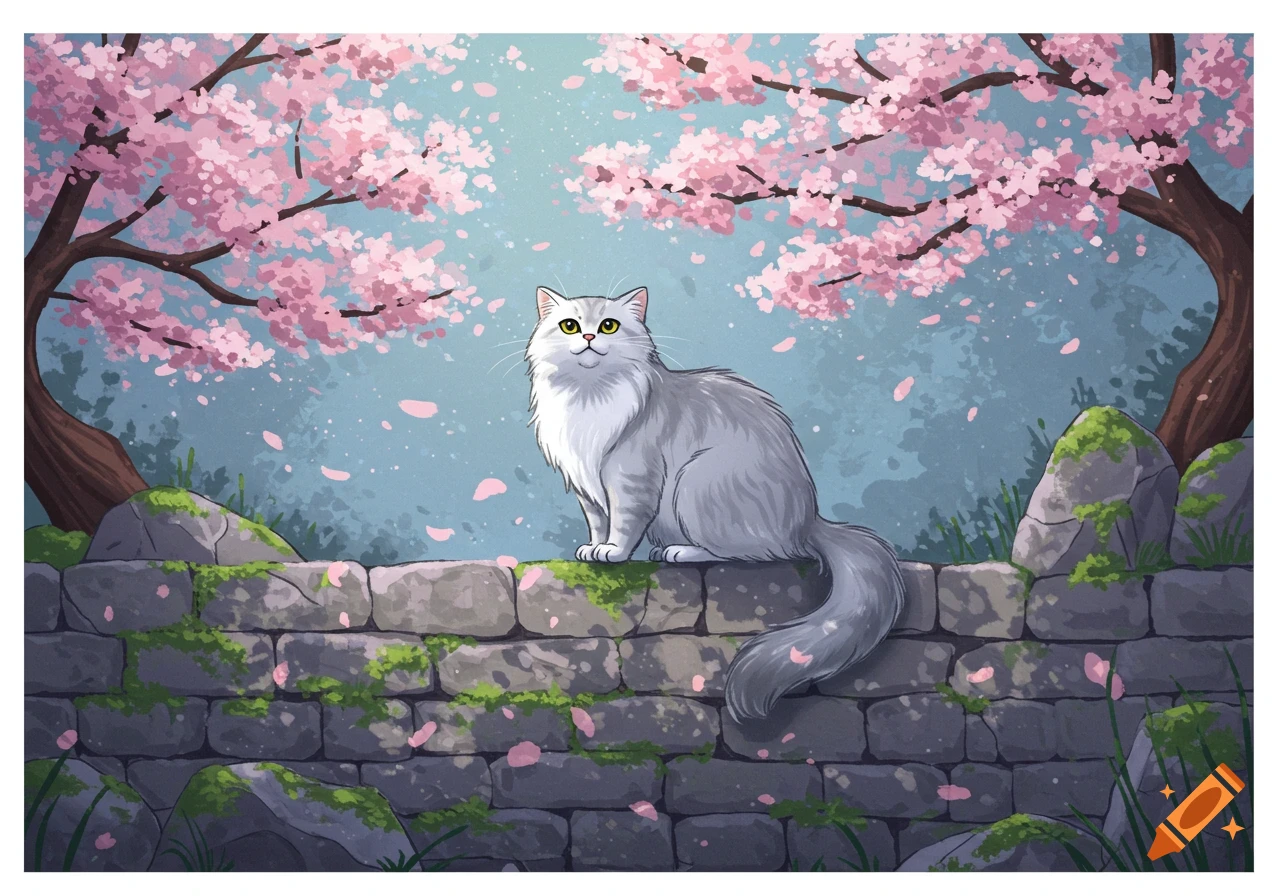 A fluffy grey and white cat sits on a mossy stone wall under blooming pink cherry blossom trees, with petals falling.