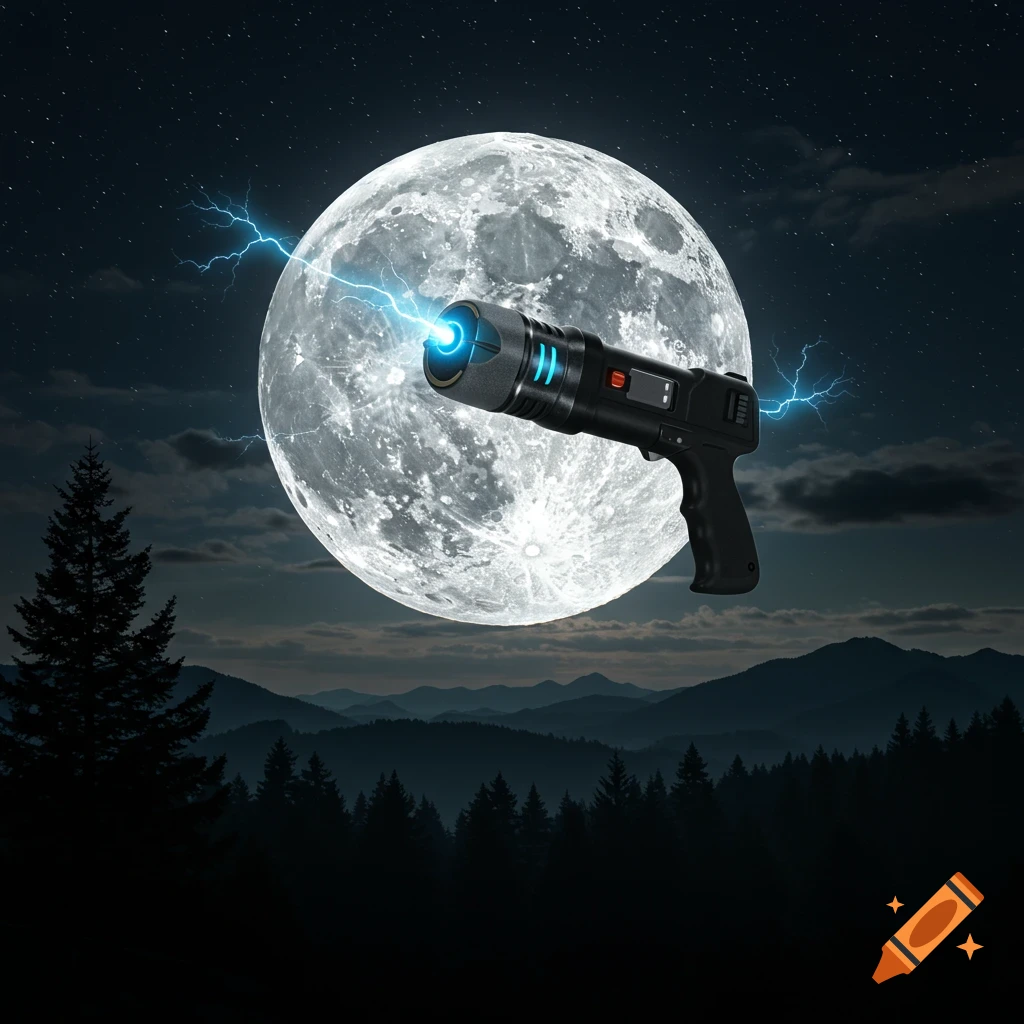 A sci-fi stun gun hovers in front of a full moon at night, emitting blue lightning over a dark forest and mountains.