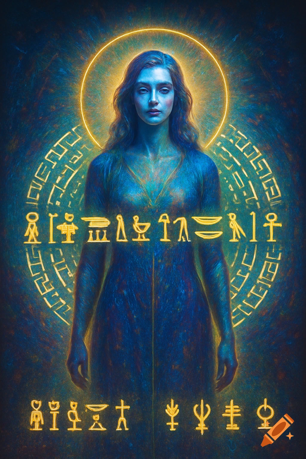 An ethereal woman in a blue gown stands with a golden halo, surrounded by glowing ancient symbols and hieroglyphs in a dark, textured artistic style.
