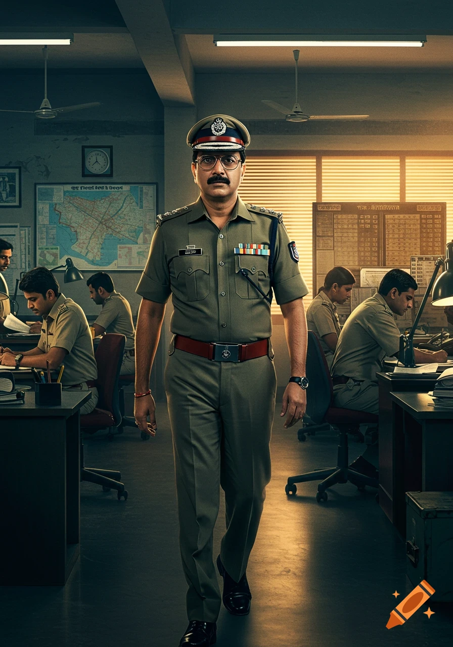Photorealistic image of an Indian police superintendent in uniform walking through a police station office, past officers working at desks.