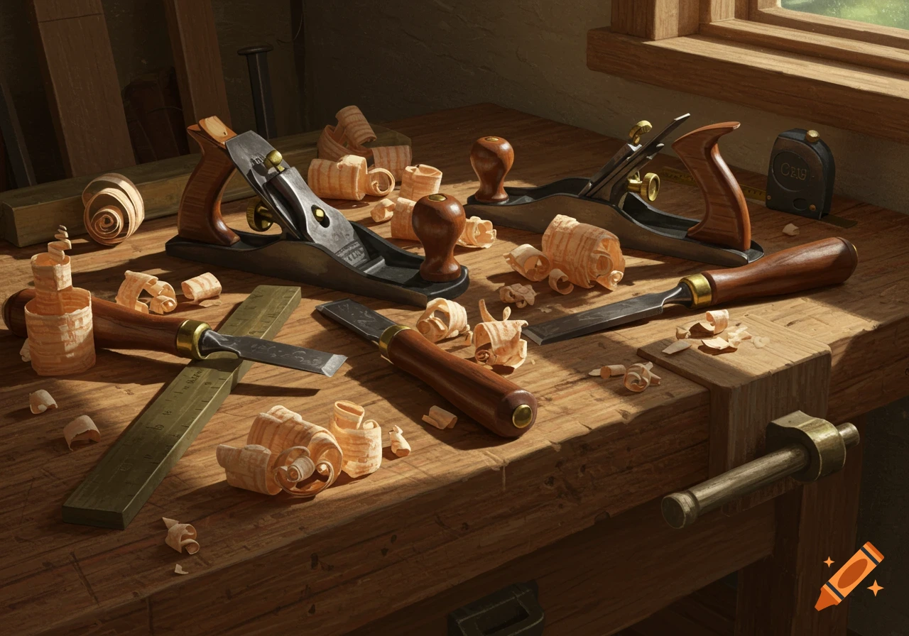 Close-up of various woodworking tools, including hand planes, chisels, and a ruler, on a wooden workbench amidst wood shavings.