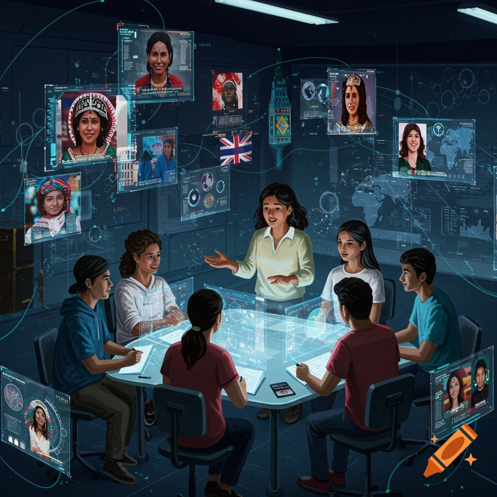 Diverse students and a teacher discuss around a holographic table in a futuristic room, surrounded by floating screens with faces and data.