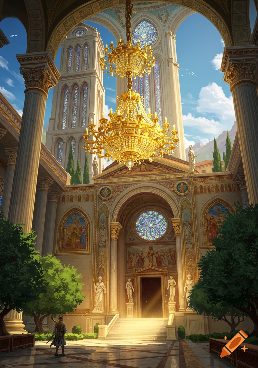 An ornate, grand cathedral with a towering golden chandelier, stained glass, and classical statues, featuring a lone figure in its sunlit courtyard.