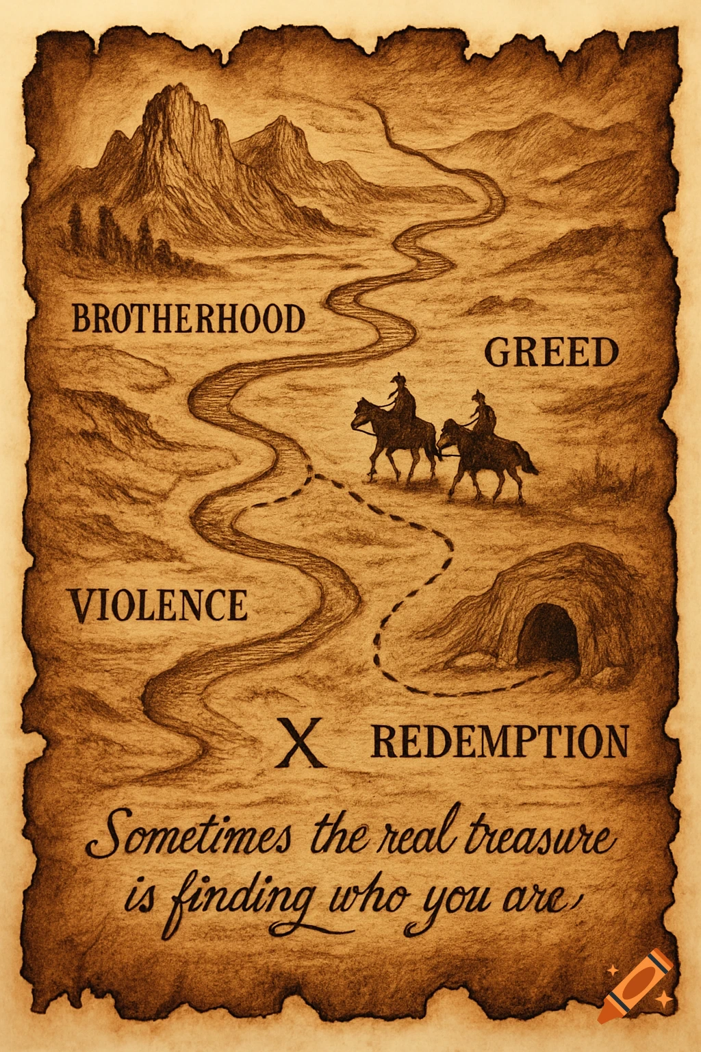 Hand-drawn vintage treasure map with a path, mountains, two horsemen, and words 'Brotherhood', 'Greed', 'Violence', 'Redemption', and an inspirational quote.