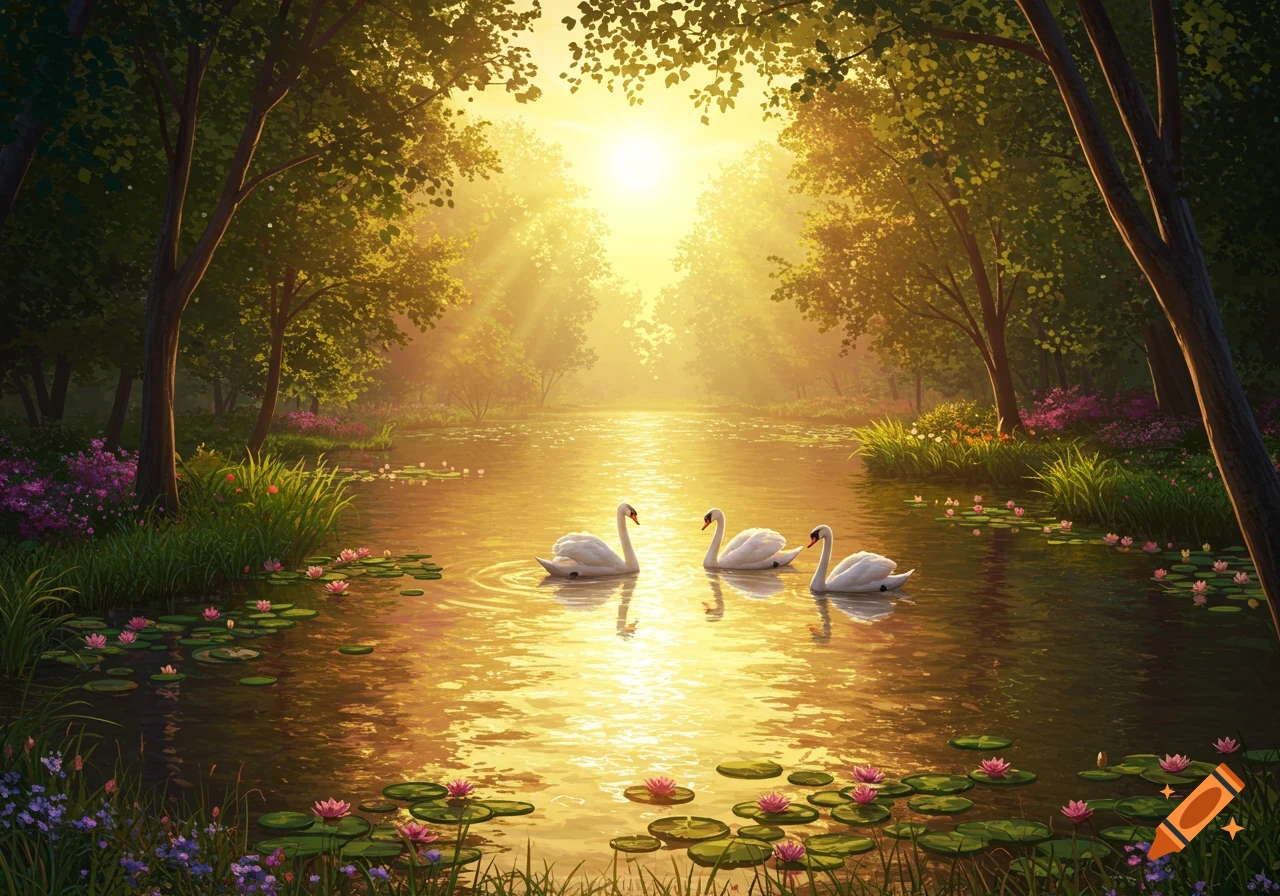 Three white swans swim in a golden, sunlit lake surrounded by lush green trees and pink water lilies.