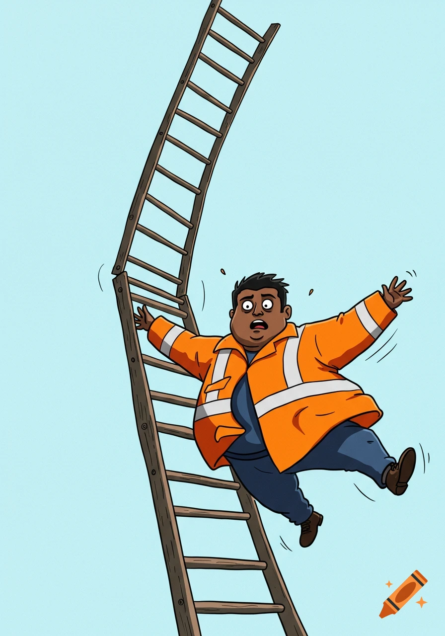 Cartoon man in orange safety vest falling off a broken ladder.