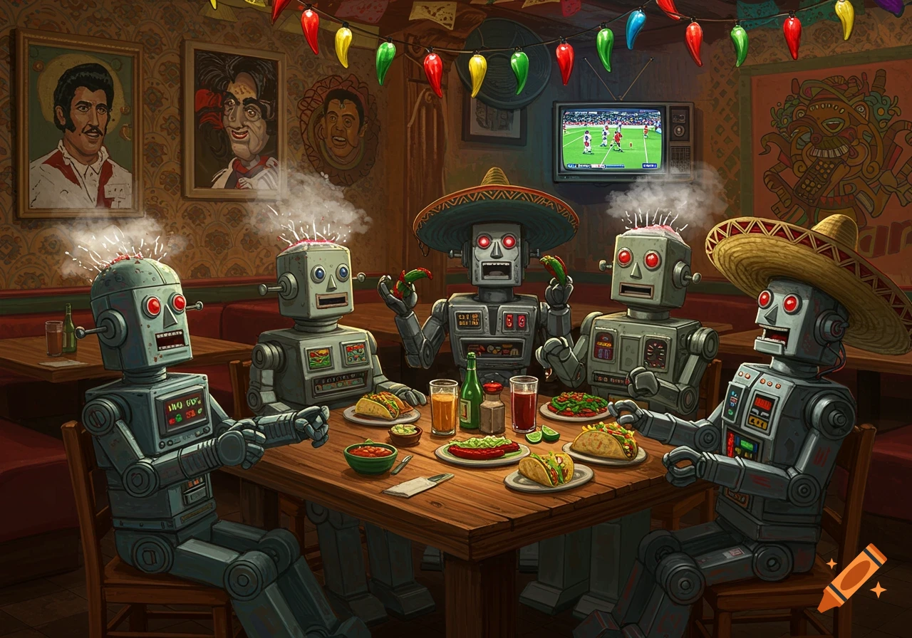 Retro robots in sombreros with steam from their heads eat tacos and peppers in a Mexican restaurant, watching soccer on TV.