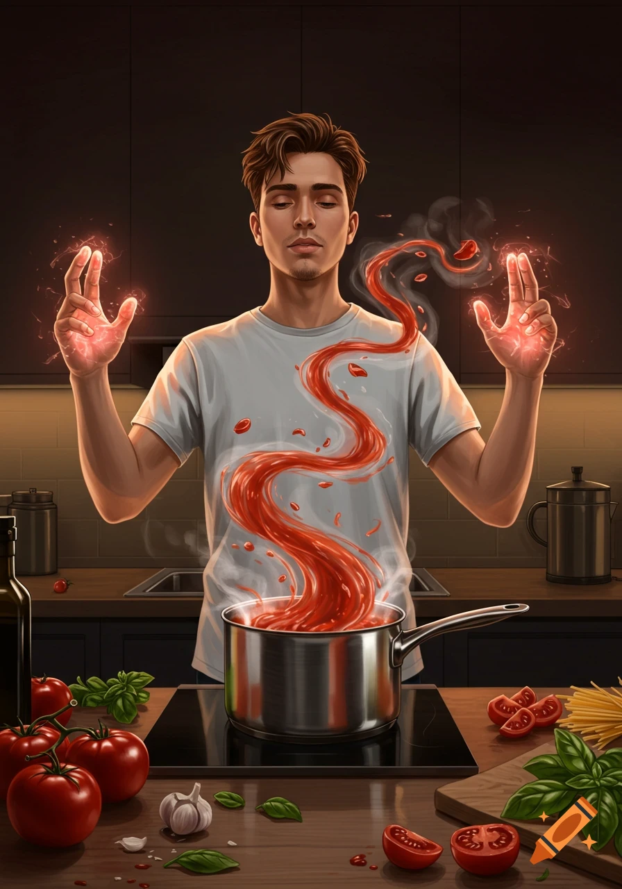 An illustration of a man using mind power to stir tomato sauce in a pot in a modern kitchen, surrounded by fresh ingredients.