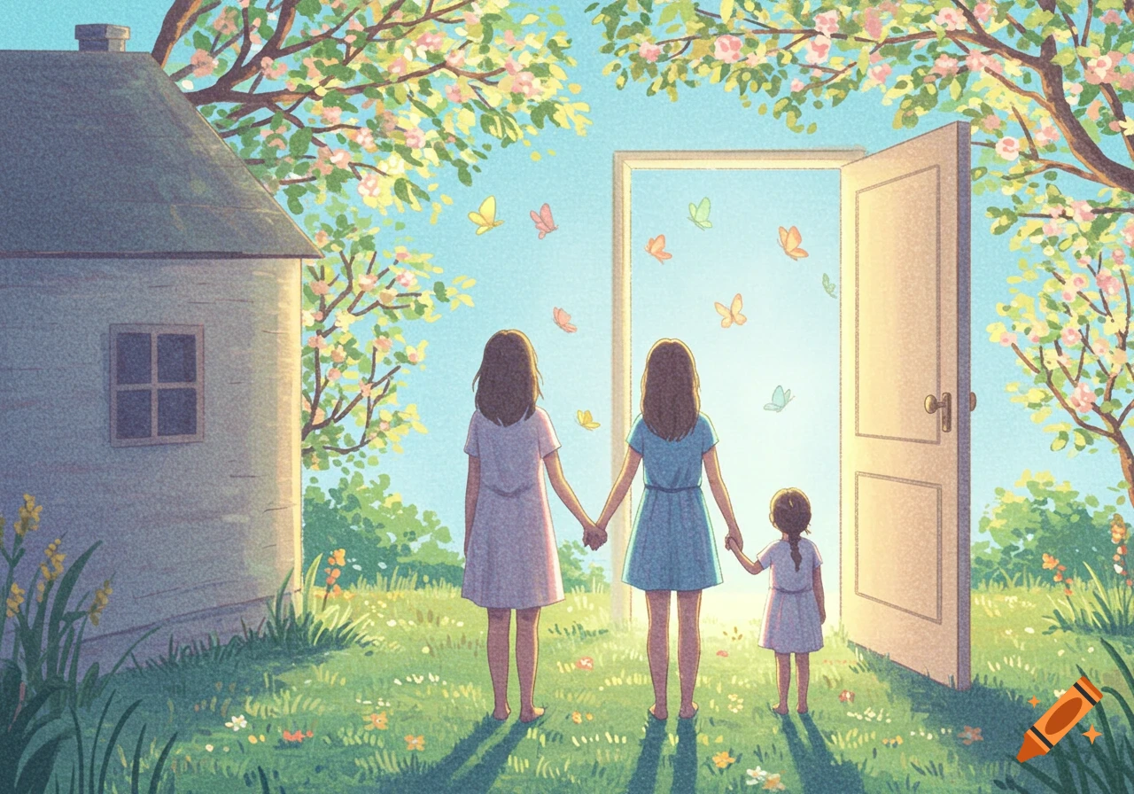 Soft illustration of two women and a child holding hands, facing a bright open door in a grassy field with butterflies and blooming trees.