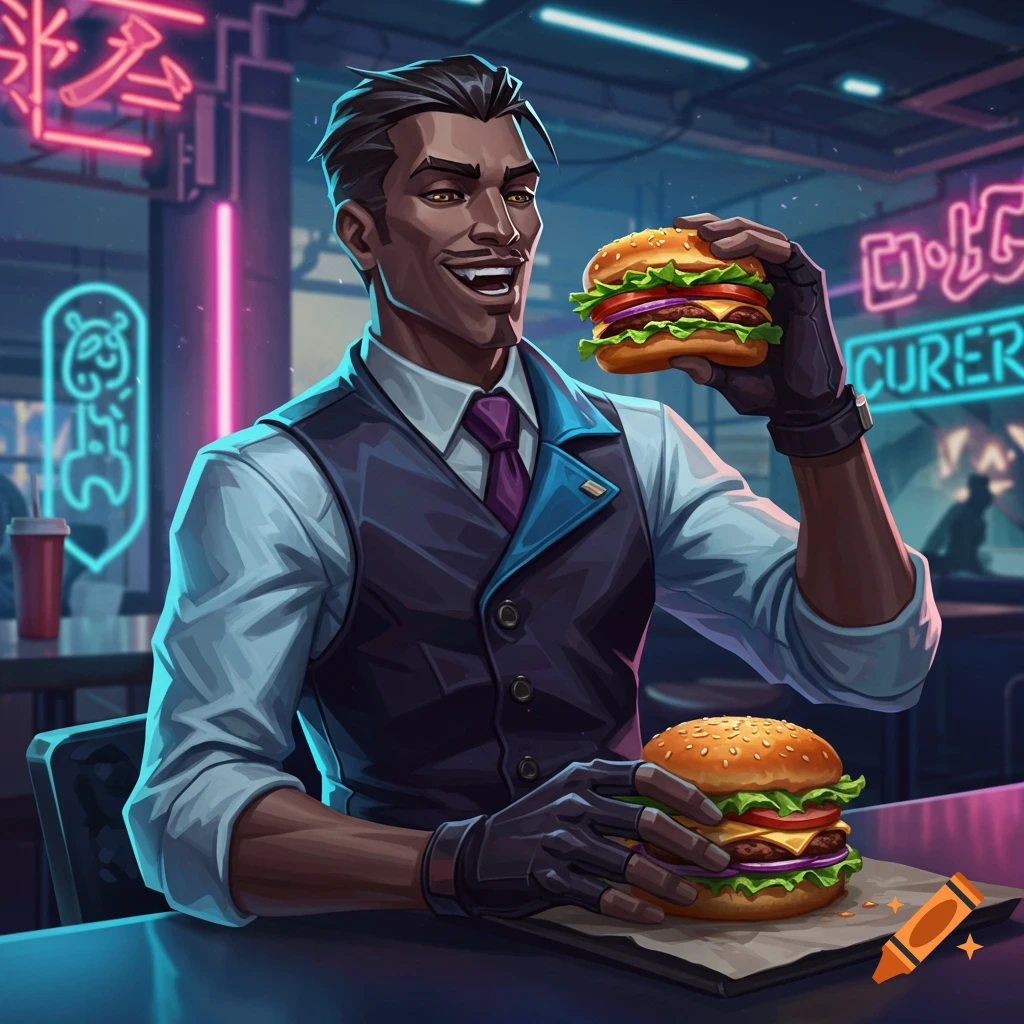 Chamber from Valorant, a dark-skinned man in a waistcoat, smiles and holds a burger in a neon-lit diner.