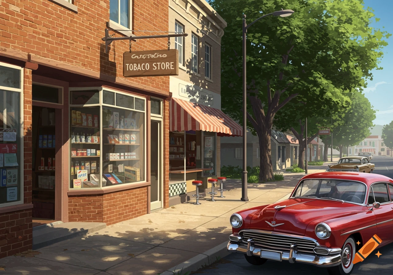 An early afternoon street scene in a 1950s small town, featuring a red vintage car parked by a tobacco store and a cafe with a striped awning, under leafy green trees.
