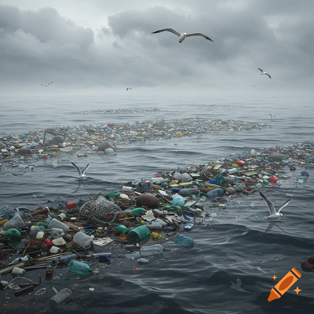 Vast photorealistic ocean surface covered by dense floating plastic debris and trash under a grey, cloudy sky with seagulls.