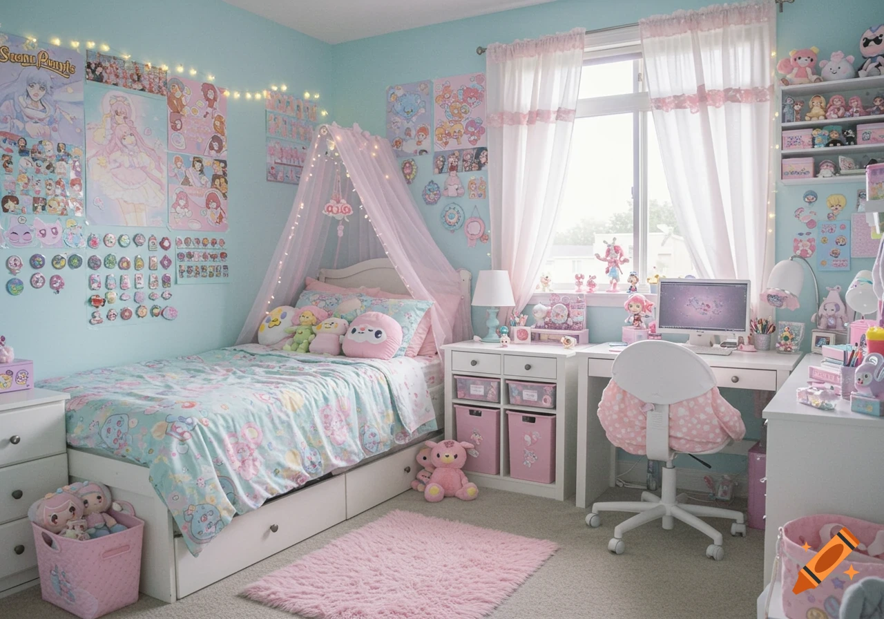 A pastel blue and pink bedroom filled with anime and fandom merchandise. The room features a bed with a pink canopy, a desk with a computer, and shelves full of plush toys and figures.