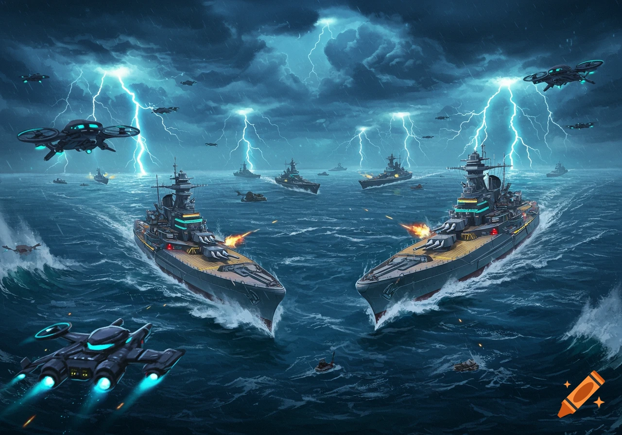 Futuristic naval battle concept art: Warships and drones clash in a stormy sea under lightning strikes.