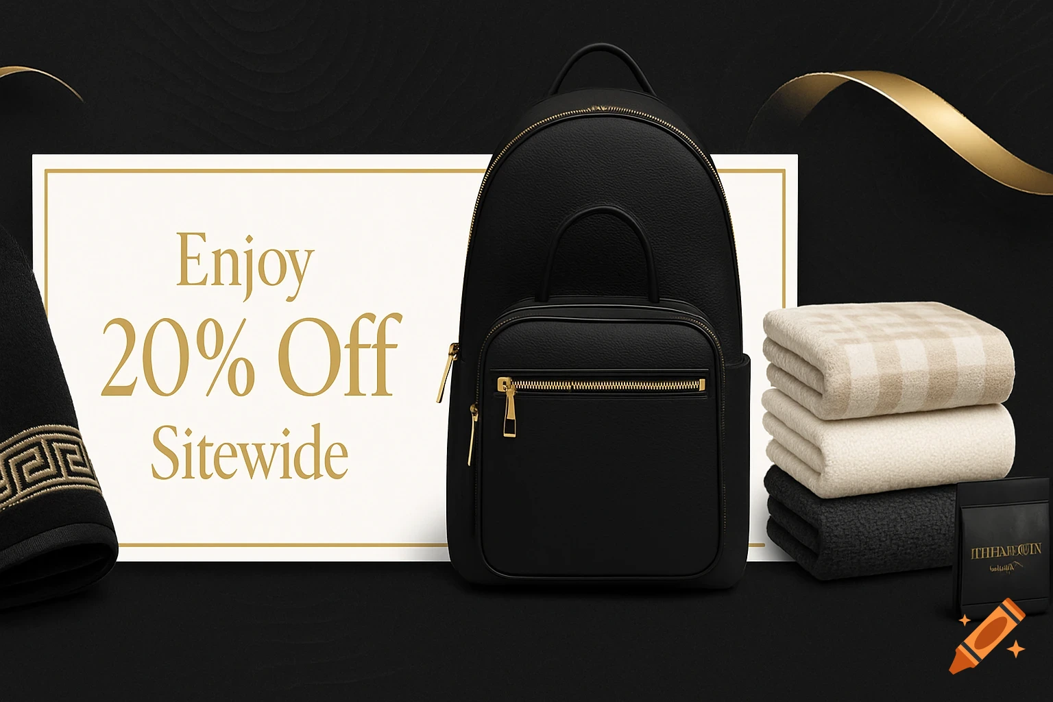 A Black Friday banner with a black leather backpack, stacked blankets, and a small black item on a black background with gold accents. Text reads: Enjoy 20% Off Sitewide.