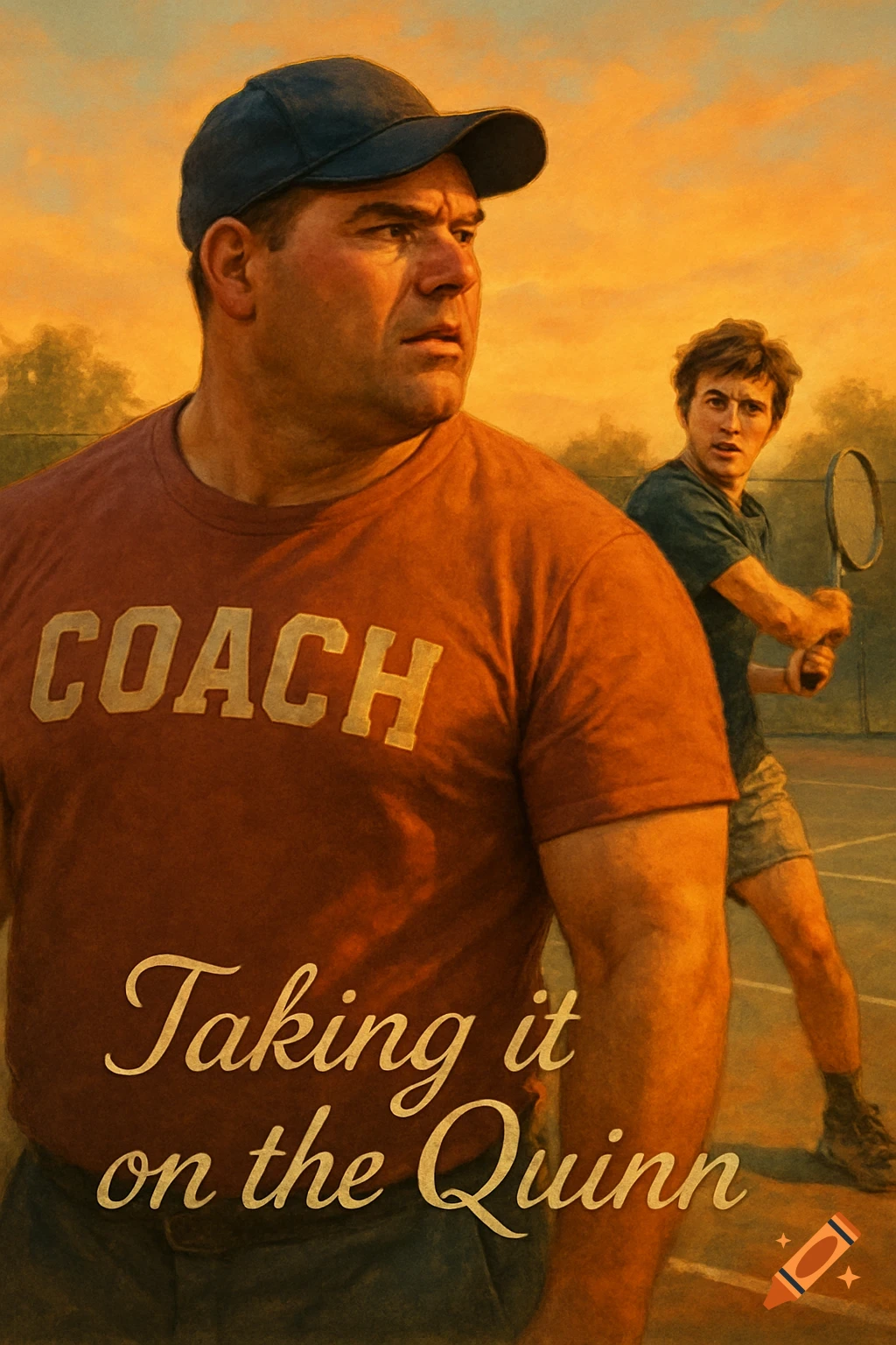 Painted movie poster style image of a coach in a cap and t-shirt in the foreground, with a young man playing tennis in the background.
