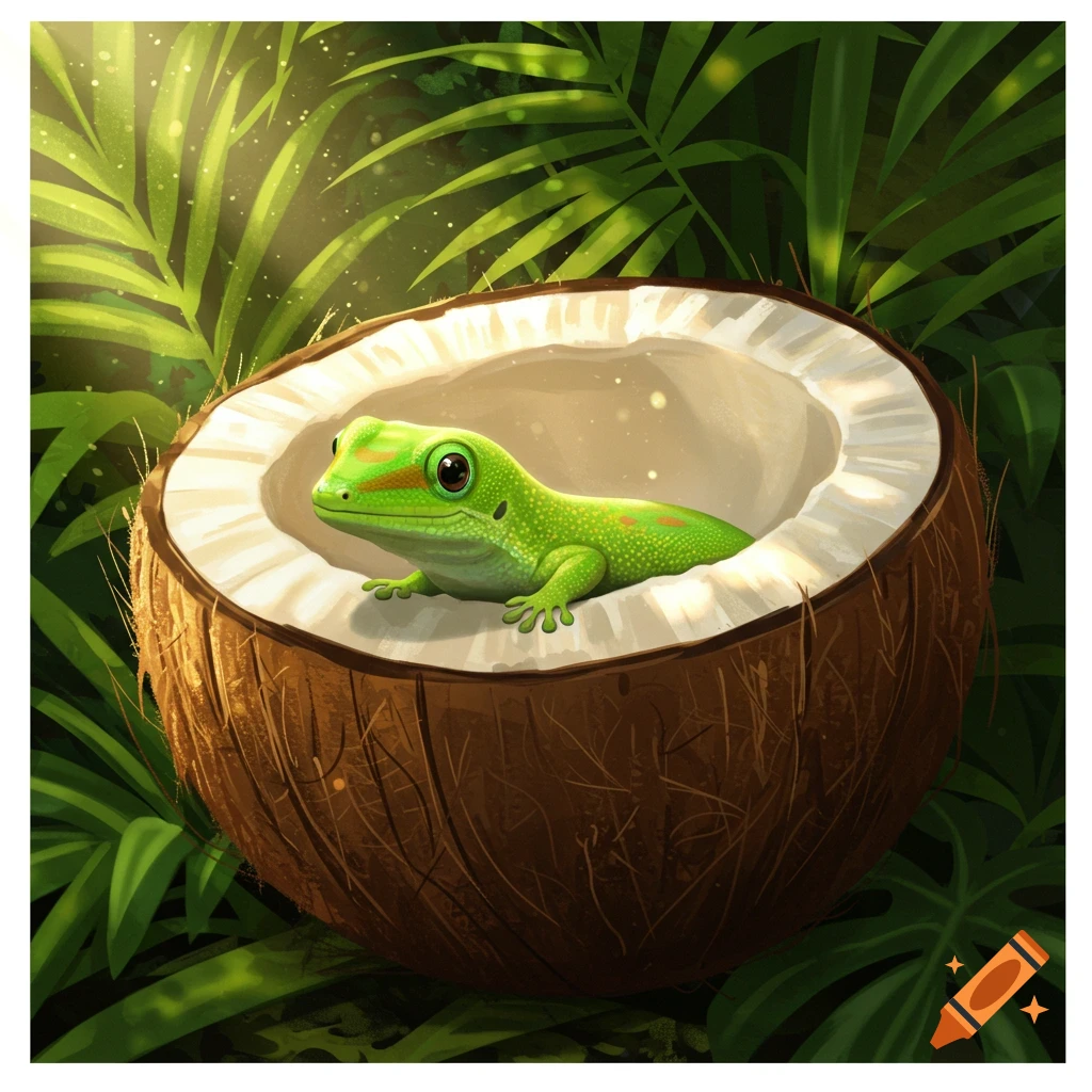 A vibrant green gecko rests inside a cracked coconut shell, surrounded by lush tropical foliage and dappled sunlight in an illustration.