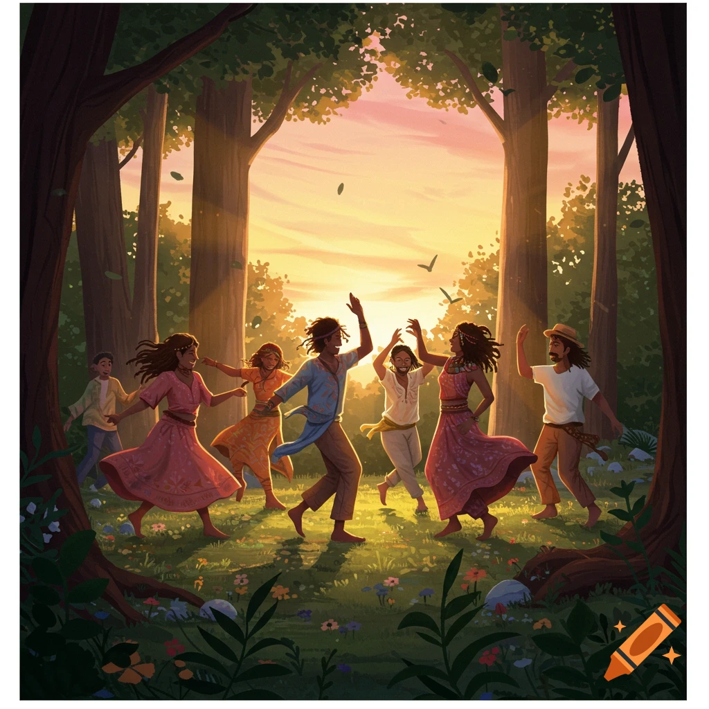 Illustration of diverse people joyfully dancing in a sunlit forest at sunset, surrounded by trees and wildflowers.