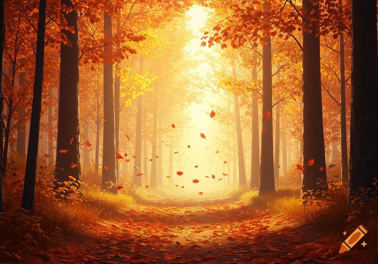 A vibrant autumn forest path with golden sunlight filtering through orange and yellow trees, falling leaves litter the ground.