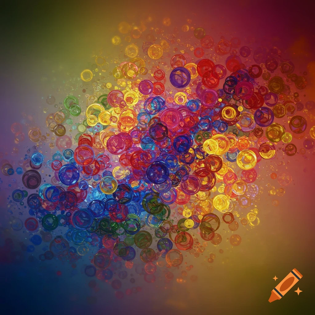 A vibrant abstract image filled with numerous overlapping, colorful, translucent circles and dots on a gradient background.