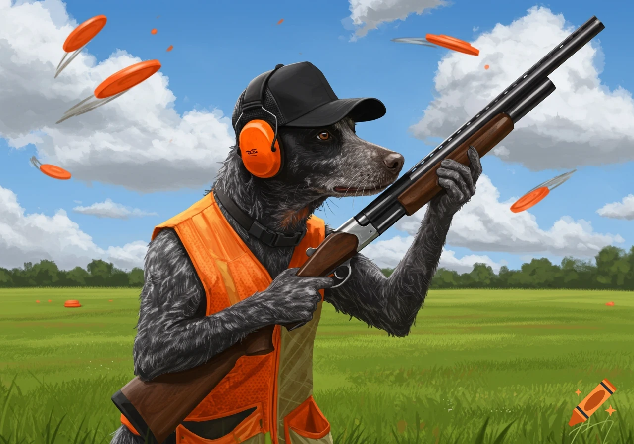An anthropomorphic Breton Spaniel dog wearing a cap, orange vest, and ear protection holds a shotgun at a clay pigeon range under a blue sky.