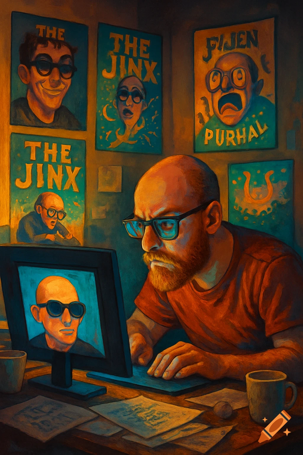 A bald, red-bearded man in a red shirt intently types on a laptop, surrounded by stylized posters on a wall and a mug on his desk, in a painterly style.