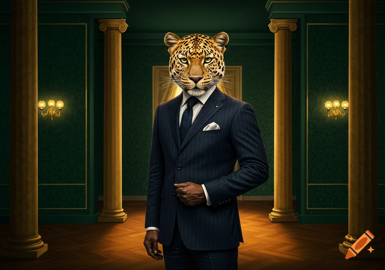 Dapper anthropomorphic leopard in a pinstripe suit stands in a grand, green-paneled hall with golden columns. Photorealistic.