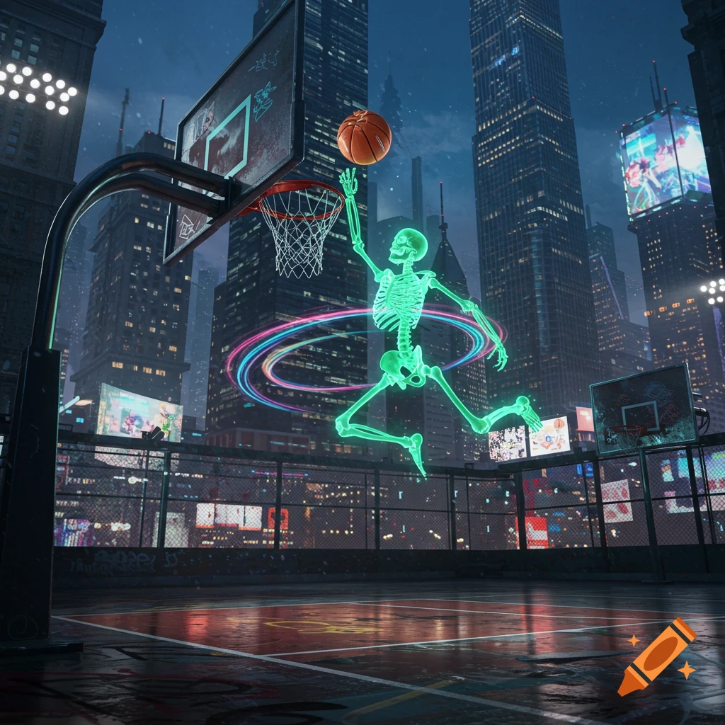 A glowing green skeleton dunks a basketball on a futuristic, neon-lit city court at night.