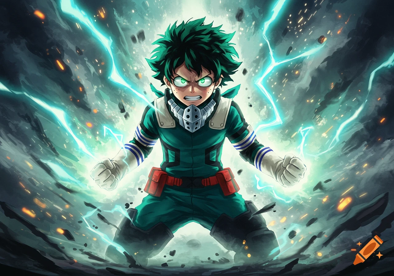 Anime illustration of Deku from My Hero Academia, with green hair and suit, surrounded by bright blue lightning.