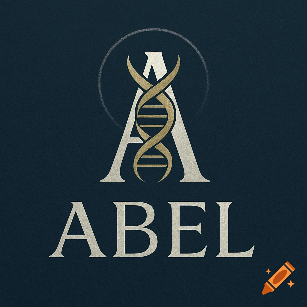 A logo featuring a stylized white letter A intertwined with a golden DNA helix, a faint halo, and the word ABEL below, on a dark blue background.