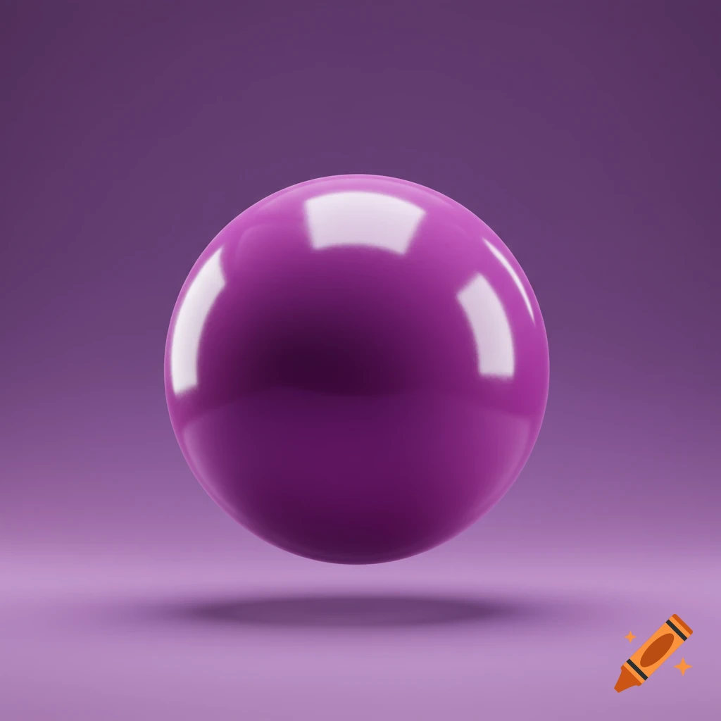 A shiny purple sphere with white reflections floats above a lighter purple surface against a solid purple background.