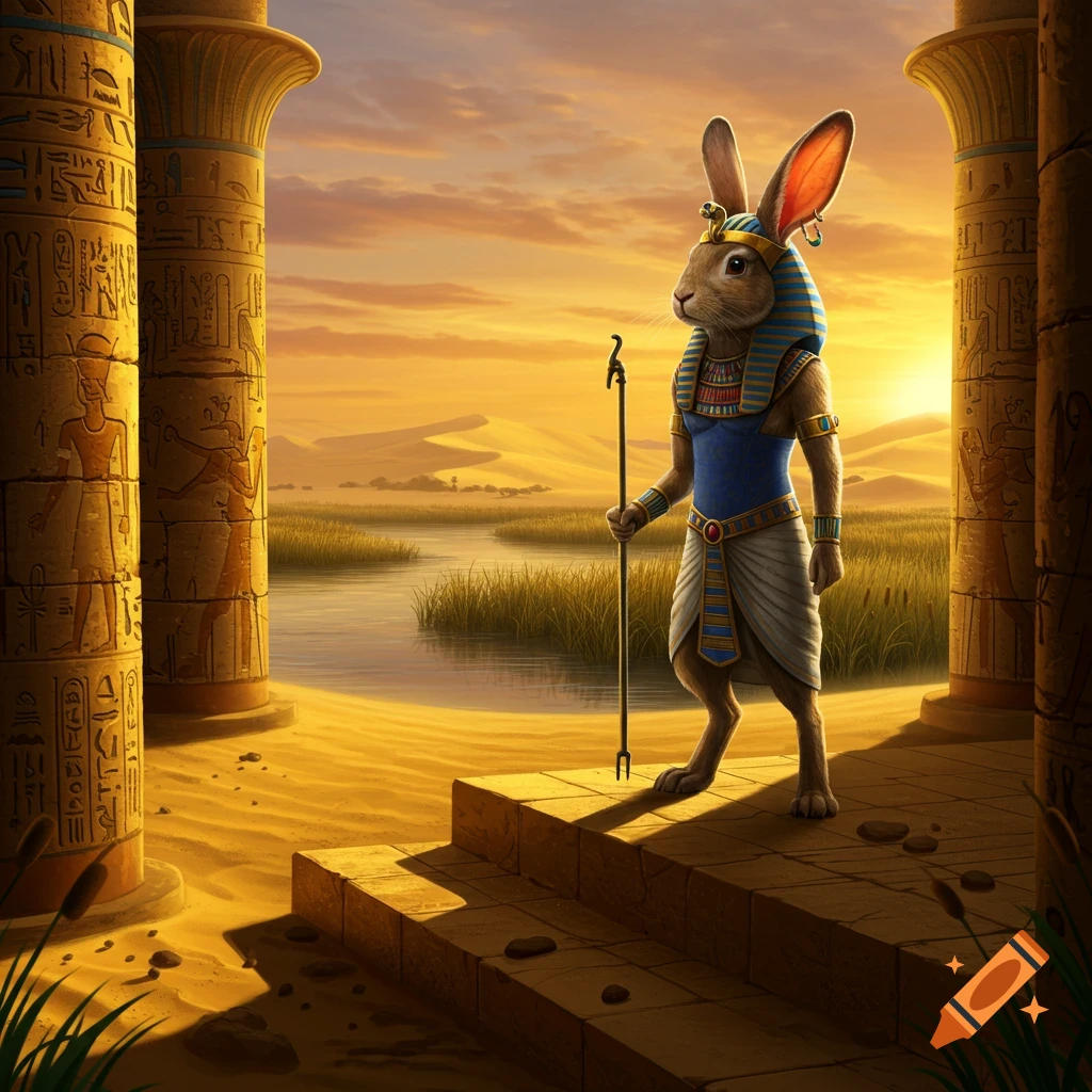An anthropomorphic rabbit pharaoh in blue and white Egyptian attire stands with a staff on temple steps, overlooking a desert oasis at sunset.