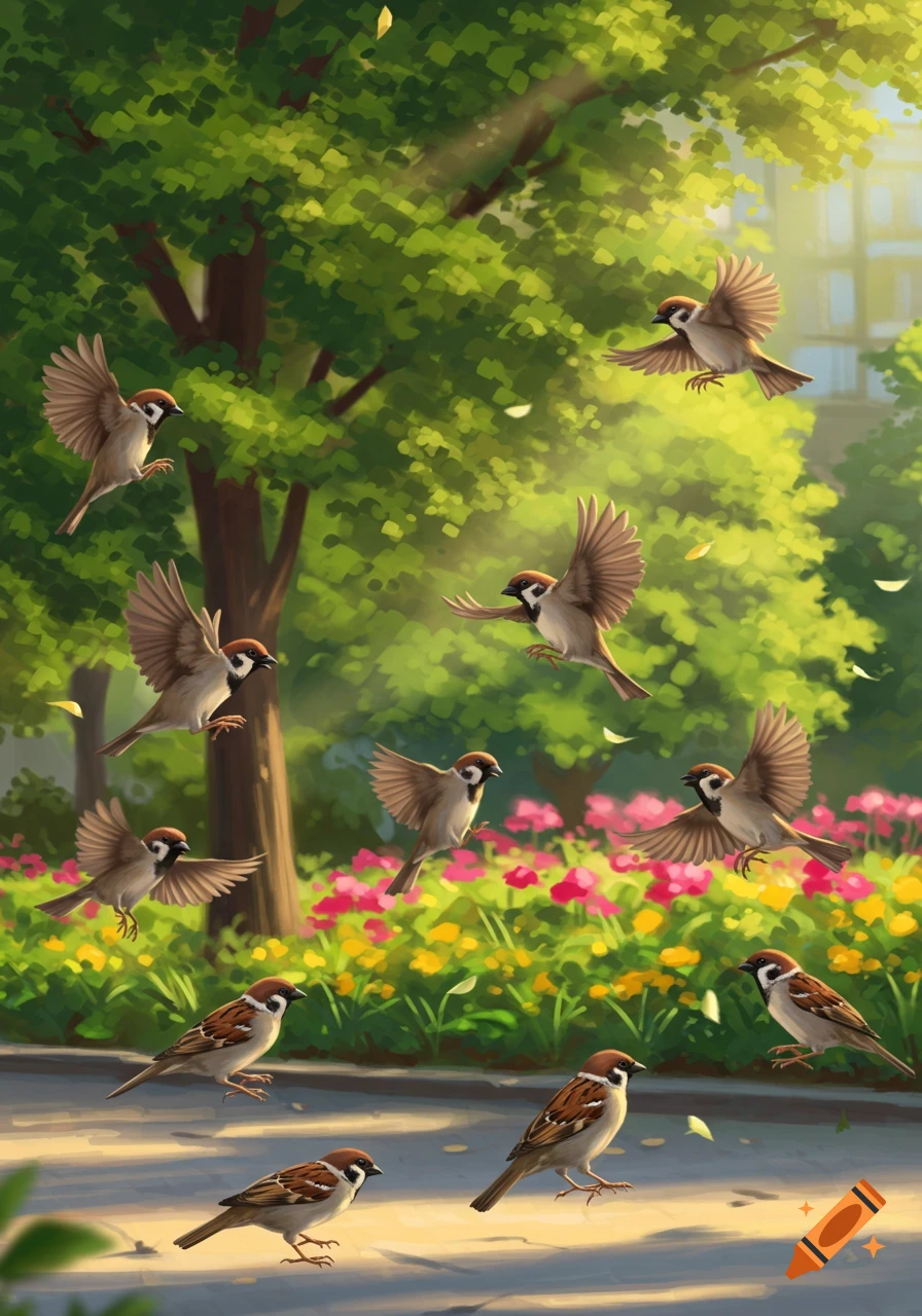 Illustrative scene of many sparrows flying and perching in a vibrant park with green trees and colorful flowers.