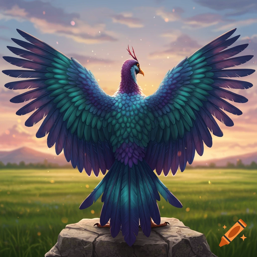 A vibrant, fantastical bird with widespread teal and purple wings stands on a rock at sunset, overlooking a green field.