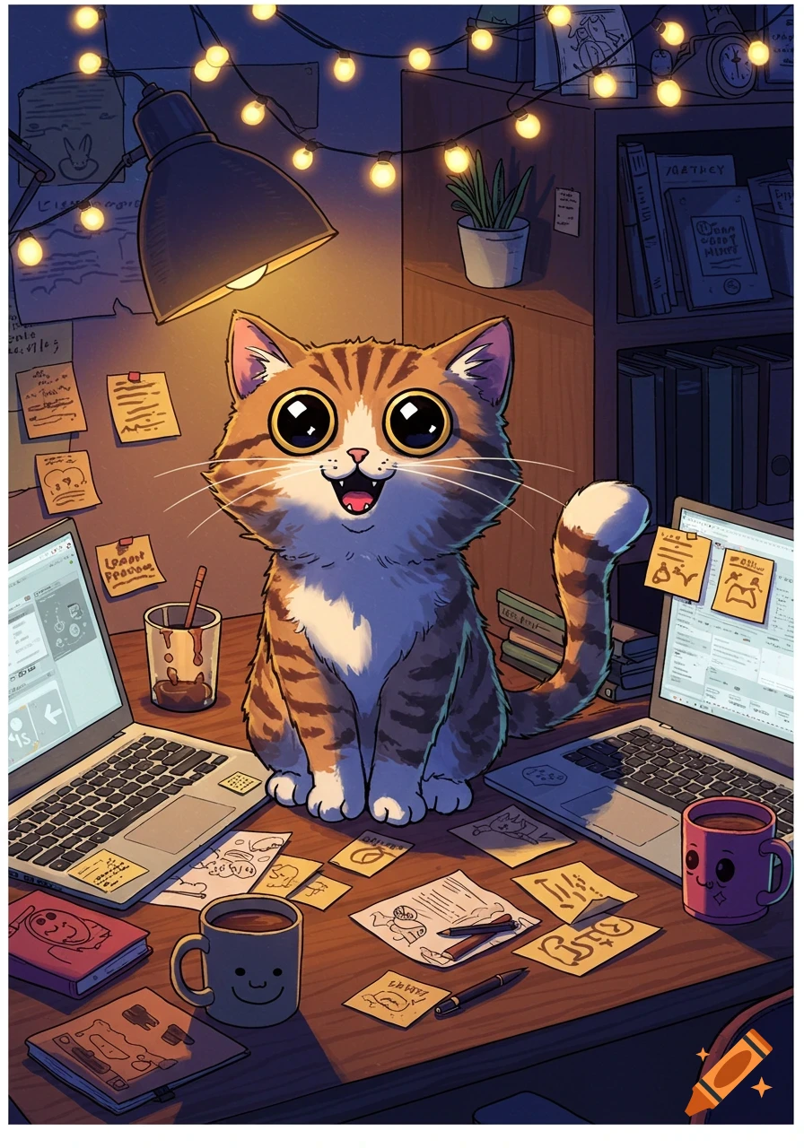 A cute, wide-eyed tabby cat sits on a cluttered desk between two laptops, surrounded by sticky notes, books, and coffee mugs, under warm string lights in a cozy, cartoon style.