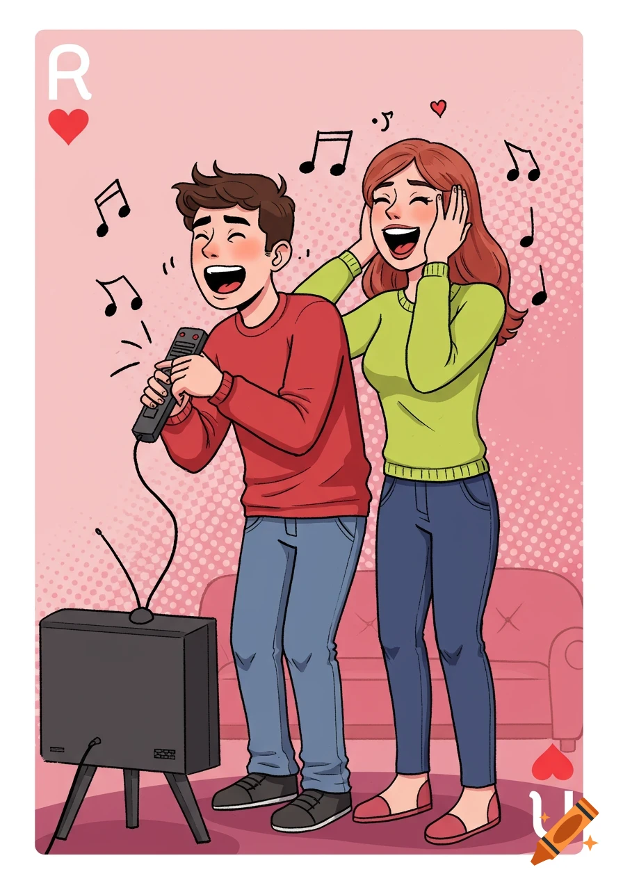 Comic illustration of a man singing karaoke enthusiastically into a TV remote, while a woman beside him laughs, covering her ears. Musical notes float around.