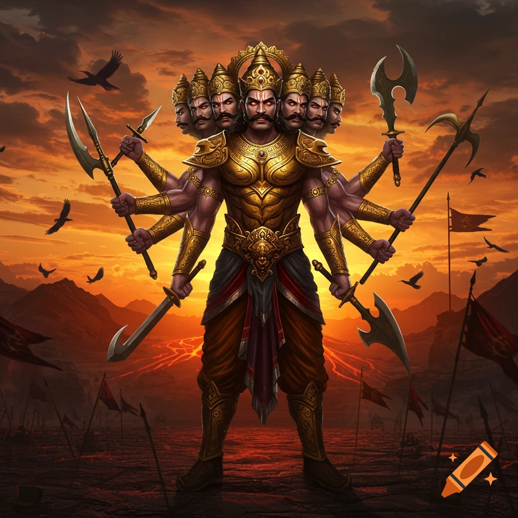 A multi-headed, multi-armed golden warrior, Ravan, holding various weapons on a battlefield at sunset.